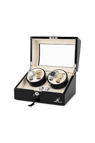 Watch Winder Brooklands Collection 4 Slotlu Ultra Sessiz Otomatik Saat Kurma Kutusu +6 Muhafaza Alanlı, Piano Ebony & Alcantara Kahve Krem