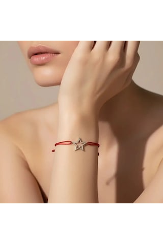 G&a Jewels - Yıldız - 925 Ayar Gümüş 0.01ct Pırlanta Taşlı Kırmızı İpli Bileklik Gümüş - Kırmızı