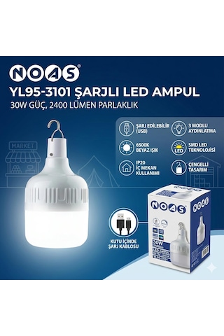 Noas 30w Şarjlı Smd Led Ampül 2400lm Ip20 3 Mod Beyaz Işık Çengelli