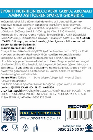 Sporfit Nutrition Recoverx Bcaa Amino Asit Tozu + L-glutamine 540 Gr Glutamin 30 Servis Karpuz + Shaker + Protein Kahve Hediyeli