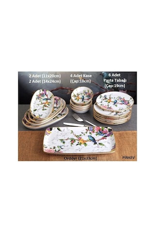 Flora 30 Parça 6 Kişilik Seramik Pasta Kahvaltı Çay Sunum Tabağı Takımı Seti Çok Renkli