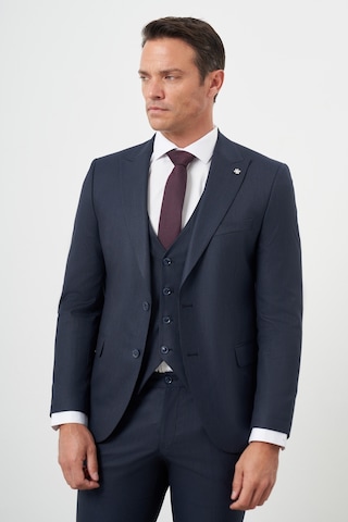 Morven Erkek Lacivert Poliviskon Trend Yelekli Çizgili Desen Slim Fit Sivri Yaka Takım Elbise Lacivert