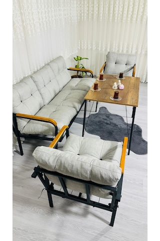 Madame Home Açelya Balkon, Bahçe, Cafe - Salon - Metal Kanepe Koltuk Takımı 3+1+1 + Masa Açık Gri