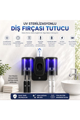 Uv Sterilizasyonlu Diş Fırçası Tutucu, Otomatik Diş Macunu Dispenseri, 4 Fırça Kapasiteli, 1200mah Şarjlı, Duvara Monte Siyah
