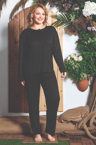 Lukitus Uzun Kol Büyük Beden Bambu Kadın Pijama Takım Siyah