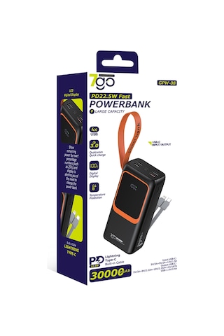 7go Gpw-08 30000mah Pd22.5w Hızlı Şarj Powerbank 4 Usb Çıkışlı, Dahili Type-c & Lightning Kablolu, Siyah