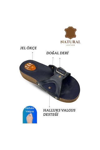 Sermoda Hakiki Deri Kadın Terlik - Halluks Valgus Destekli Jel Taban Kadın Terlik Lacivert