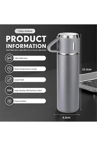 Kişiselleştirilebilir 3 Bardaklı Çelik Termos 05 Lt Gri Gri