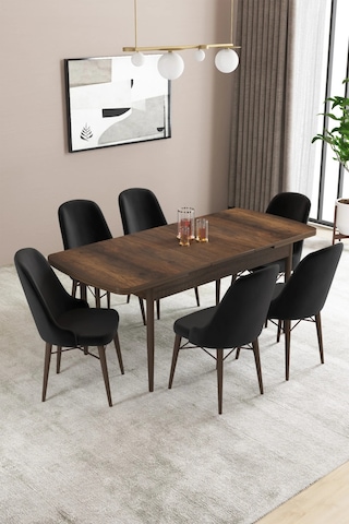 Familieconcept Almira Serisi, Barok Ahşap Desen 80x132 Açılabilir Mdf Mutfak Masası Takımı 6 Adet Sandalye Siyah