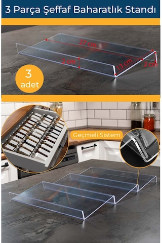 Mienda Home Pleksi Şeffaf 3 Adet Stand Baharatlık Standı Çekmece İçi Düzenleyici Organizer Şeffaf