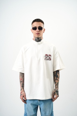 Respire Erkek 22 Baskılı Yarım Fermuarlı Oversize T-shirt Ekru