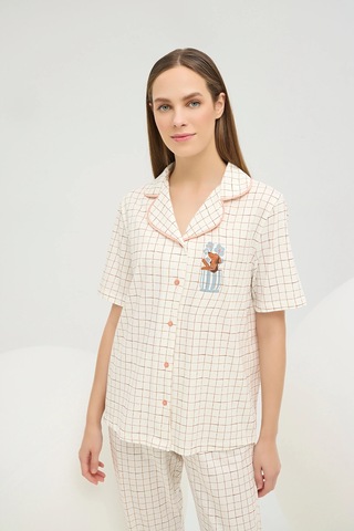 U.S. Polo Assn. 16608 Kadın Baskılı Düğmeli Pijama Takım Ekru