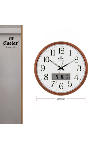 Eastar A5140 Fosforlu Sessiz Duvar Saati Takvim Ve Sıcaklık Göstergeli Kahverengi