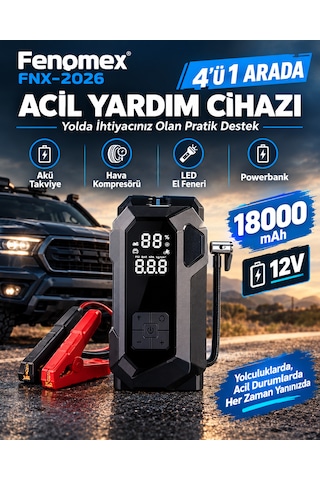 Fenomex Fnx-2026 18000 Mah 12v Taşınabilir 4'ü 1 Arada Akü Takviye Cihazı Ve Hava Kompresörü Powerbank Fener
