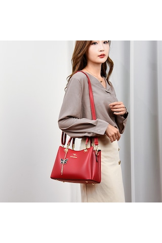 Moda Kadın Çantası Düz Renk Retro Üç Katlı Büyük Kapasiteli Tek Bölmeli Çanta Kadın Moda Kelebek Kolyesiyah Diğer