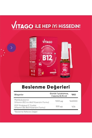 Vitago Prometilkobalamin Vitamin B6 İçeren Oral Sprey 10 ML