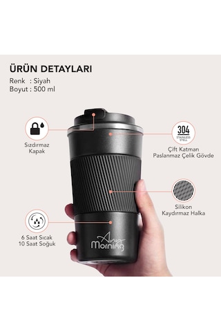 Any Morning Ba21549 Paslanmaz Çelik Termos Mug 500 Ml Siyah, Kaymaz Silikon Halka, Sızdırmaz Kapak