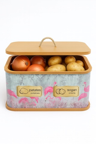 Dekorasyaa 2 Bölmeli Patates Soğanlık - Bambu - Dikdörtgen Flamingo Desen Pembe