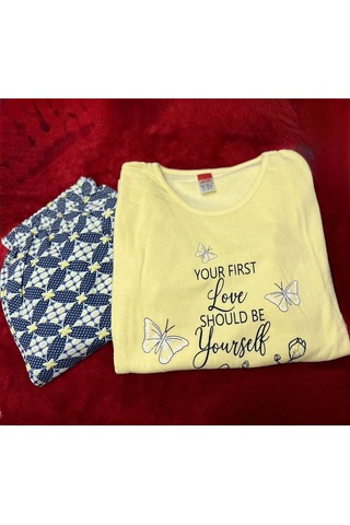 Novavita Yenihayat Sarı Yazı Baskılı Pijama Takımı