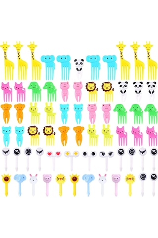 Duoyin 60 Karikatür Moe Komik Çocuklar Meydan Ve Çatal Tek Kullan Ev Plastik Meyve Çatalı Çok renkli