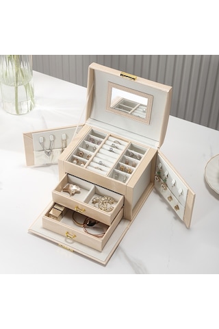 Şık Tasarımlı Çok Gözlü Deri Kilitli Takı Ve Mücevher Kutusu