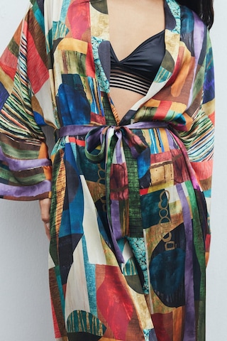 Frappant Coloré Desenli Uzun Saten Sabahlık / Kimono Çok Renkli