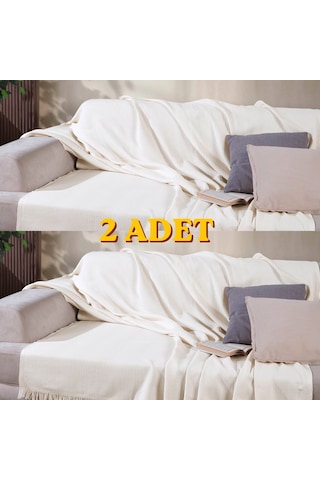 170 210 Cm Pamuklu Önden Saçaklı 170x210 Koltuk Örtüsü 2'li Paket Ekru