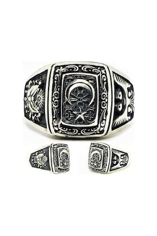 Gümüş Ay Yıldız Osmanlı Arması Kartal Desenli Erkek Yüzük Gümüş