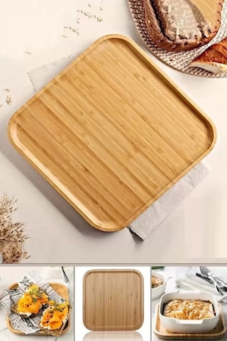 6lı Kare Bambu Gourmet Kahvaltı Tabağı Pasta Servis Sunum Tepsi İkramlık Ahşap Tabak Bej