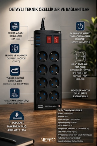 3 Usb Akım Ve Çocuk Korumalı 8li Priz 2mt 0 - 2 M