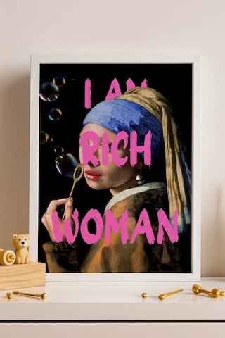 İnci Küpeli Kız I Am Rich Woman Eğlenceli İronik Sanat Çerçeveli Tablo Yeni Eve Hediye Altered Art