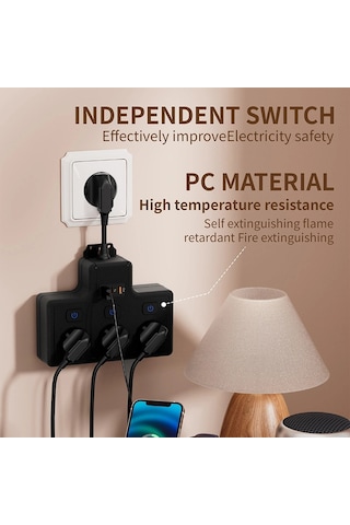 Termal Akım Korumalı 3'lü Duvar Tipi Priz: 1x Usb + 2x Type-c Çıkışlı Grup Priz Çoğaltıcı 3500w 2 M