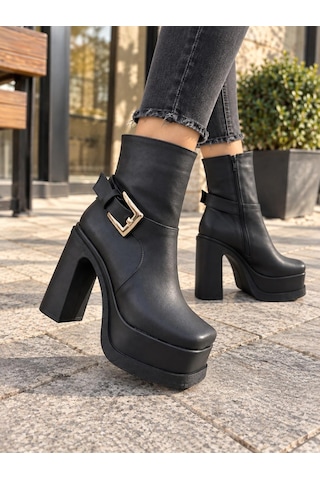 Asmi Shoes Kadın Dona Siyah Tokalı 12 Cm Platform Topuklu Bot 2030