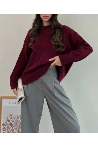 Kozia Outdoors Bisiklet Yaka Salas Oversize Triko Kazak Bordo