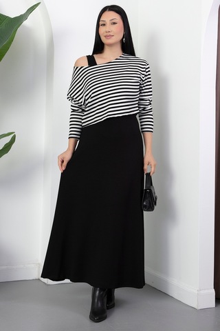 Kalopya Oval Yaka Çizgili Elbise İkili Takım Dks1475 Siyah