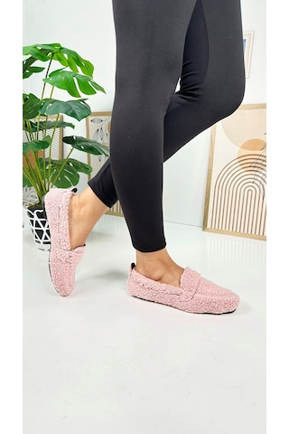 Günlük Kadın Loafer Peluş Astarlı Oval Burunlu Alçak Desenli Tabanlı Ayakkabı 375 Pudra