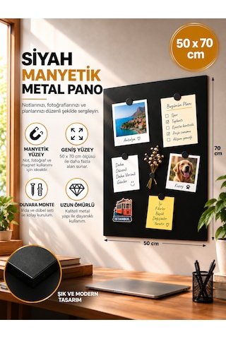 Mooly Siyah Manyetik Metal Pano 50x70 Cm, Dekoratif Fotoğraf Ve Not Panosu