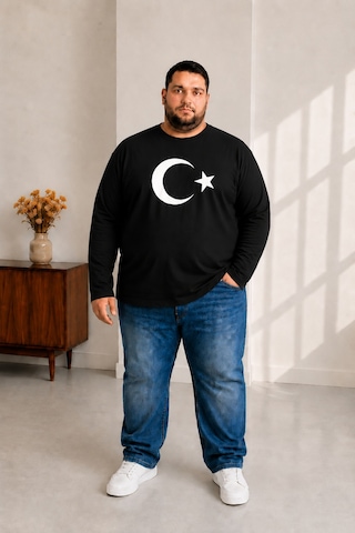 Sngl Tekstil Erkek Büyük Beden Uzun Kollu Ay Yıldız Baskılı Tişört 3xl 4xl 5xl 6xl 7xl 8xl 9xl Siyah