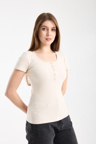 Hdm Kadın Esnek Fitilli Yakası Çıtçıtlı Fildişi Kısa Kol Basic Örme Bluz - H5993-56 Ekru