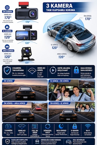 3 Kameralı Araç İçi Kamera Seti 1080p Full Hd Wi-fi Gece Görüşlü Geri Görüş Kameralı Viidure Mobil Uygulama Destekli