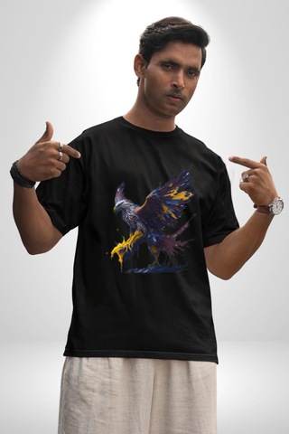 Kara Kartal Sulu Boya Pamuklu Bisiklet Yaka Unisex Oversize Boyfriend Dijital Baskılı Siyah T-shirt Siyah