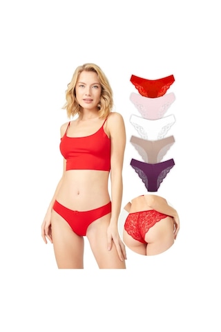 Arkası Dantelli Lazer Kesim Kadın Bikini Külot 5'Li Paket-Çok Renkli-M Çok Renkli