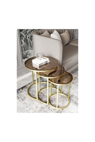 Milas C Zigon Sehpa Gold Eskitme Rengi Bronz Cam Pirinç Eskitme