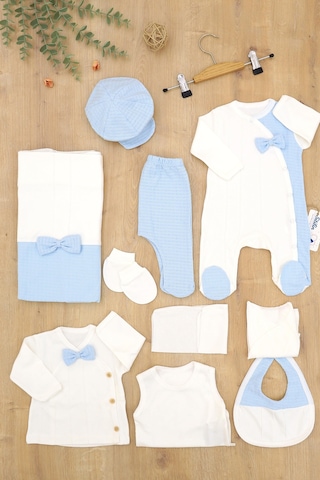 Sitilin Erkek Bebek Beyaz Mavi Natıral Pamuk Kumaş Lüks 10 Lu Hastane Çıkışı Set Stl6788 Baskılı