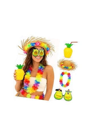 4 Parça Hawaii Parti Seti Ananas Bardak Hasır Şapka Avokado Gözlük Çiçek Kolye Evimdeyokyok