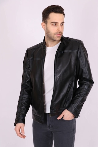 Erkek Siyah Hakiki Deri Hakim Yaka Punto Dikişli Spor Mont
