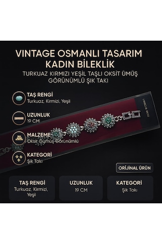Vintage Osmanlı Tasarım Kadın Bileklik Turkuaz Kırmızı Yeşil Taşlı Oksit Gümüş Görünümlü Şık Takı Antik Gümüş