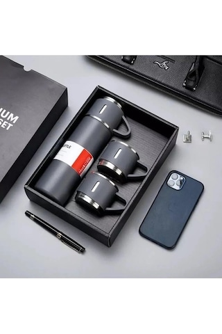 Vacuum Paslanmaz Çelik 3 Bardaklı Vakumlu Termos Set Gri 500 ML Gri