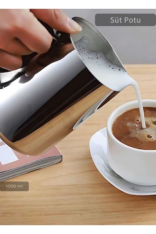 Süt Potu Paslanmaz Süt Köpürtme Sürahisi Çelik Pitcher 1000 Ml