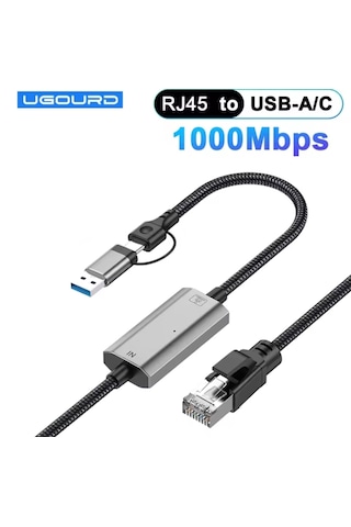 Ugourd 1.20 Metre 1000-mbps Rj45 Ethernet Dönüştürücü Type-c+usb